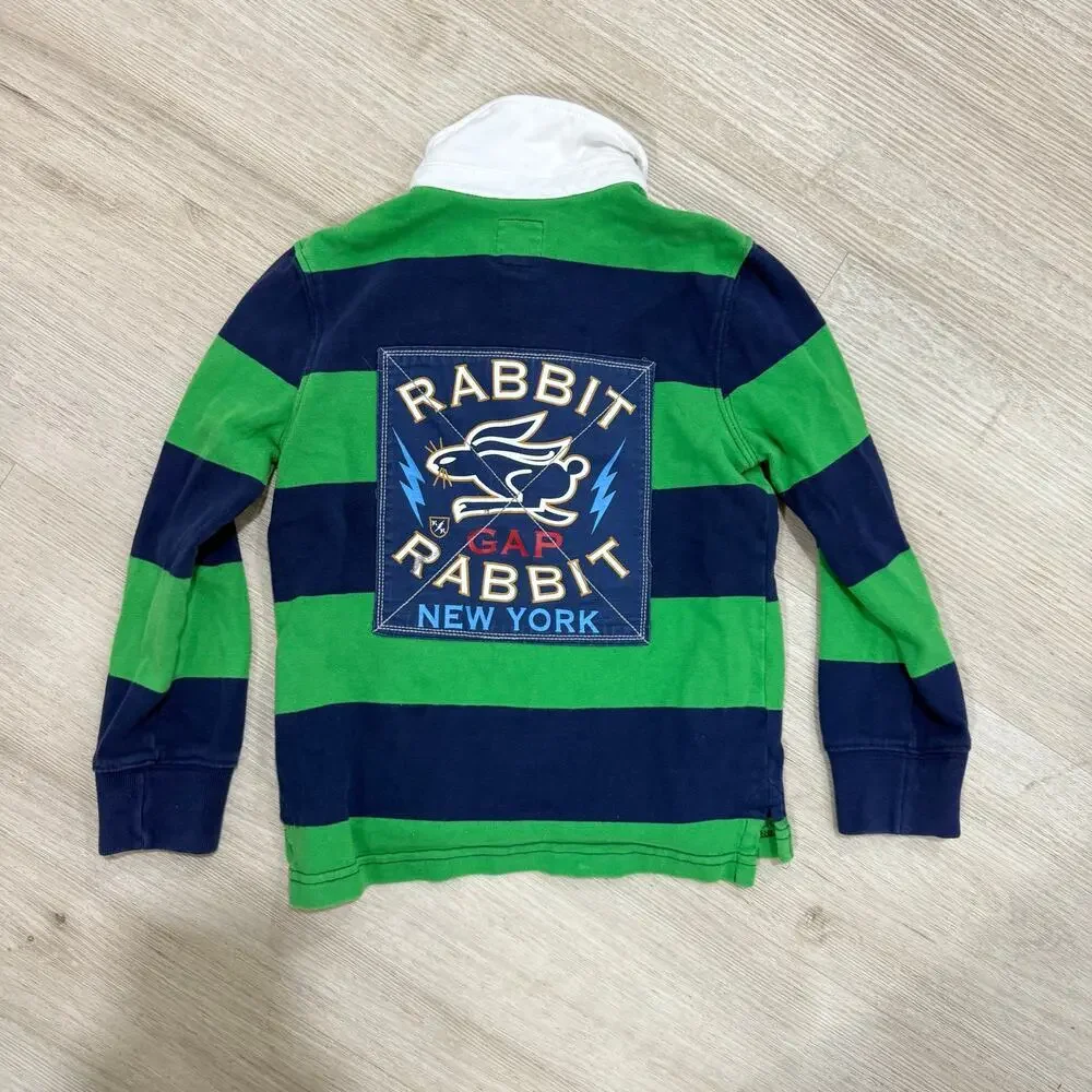 GAP x Sarah Jessica Parker Boys Rugby Shirt Green Blue Striped Crest Preppy XS